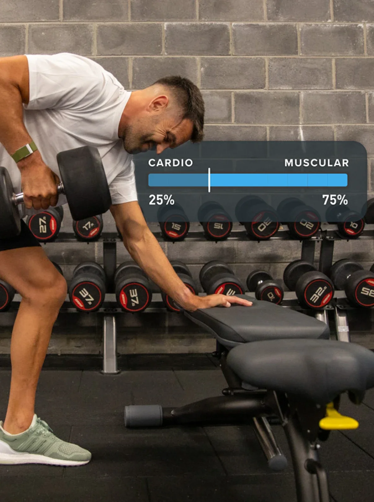 Người tập tạ trong phòng gym đeo WHOOP, ứng dụng tách tải cơ bắp và tải tim mạch